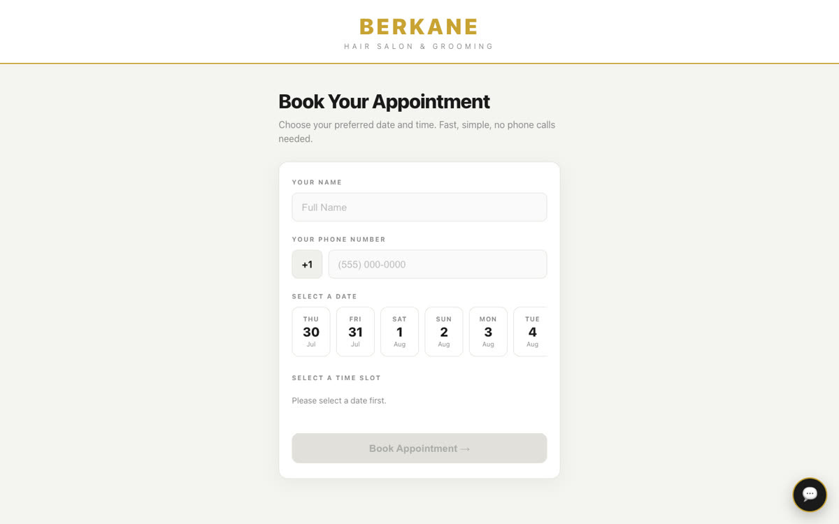 Berkane booking page with a calendar of available slots.