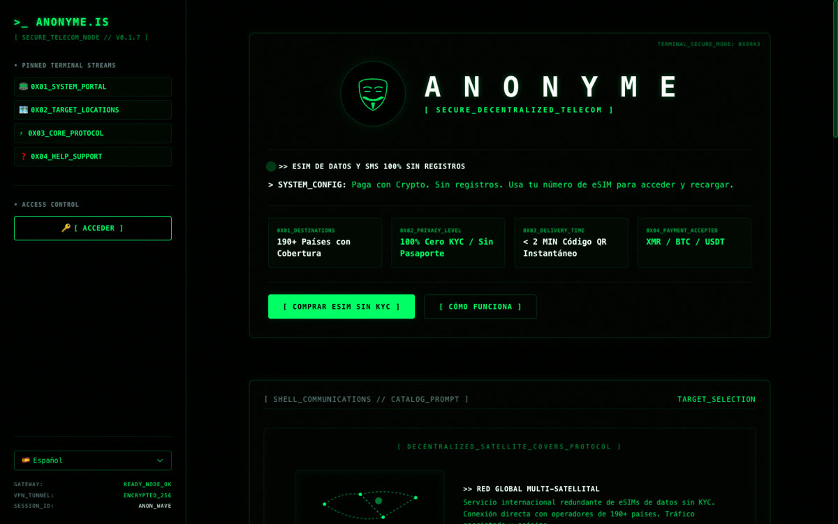 Anonyme eSIM store listing international data plans.